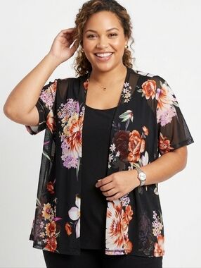 STITCH Collection Plus Size Sheer Floral Kimono & Black Top